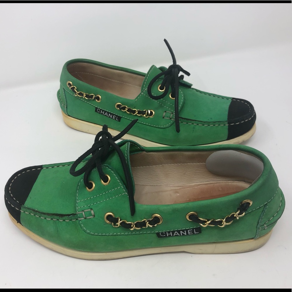 Vintage CHANEL loafers women’s boat shoes green